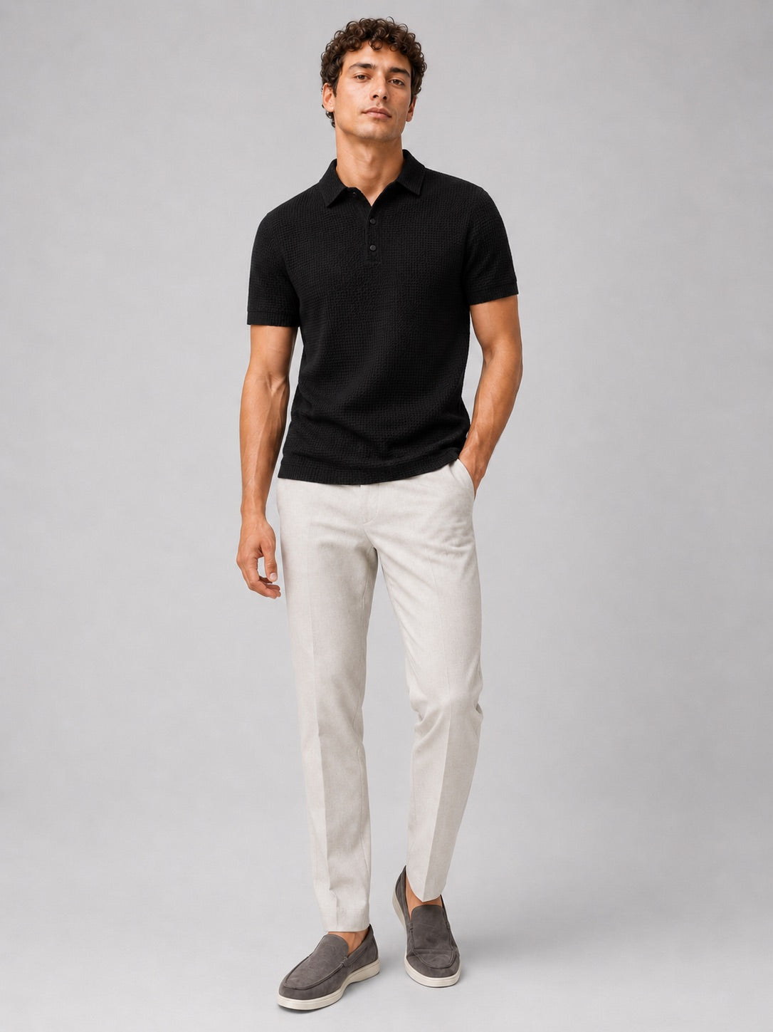 Men’s Textured Knit Polo Shirt Short Sleeve Button Placket Lightweight Summer Top for Business Casual and Smart Casual Wear