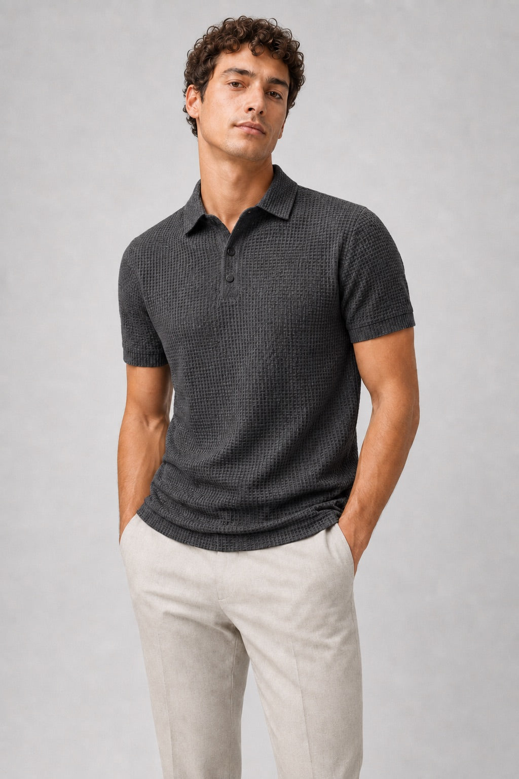 Men’s Textured Knit Polo Shirt Short Sleeve Button Placket Lightweight Summer Top for Business Casual and Smart Casual Wear