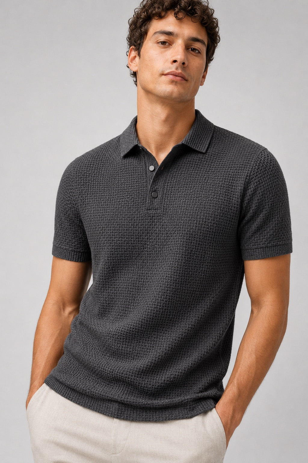 Men’s Textured Knit Polo Shirt Short Sleeve Button Placket Lightweight Summer Top for Business Casual and Smart Casual Wear