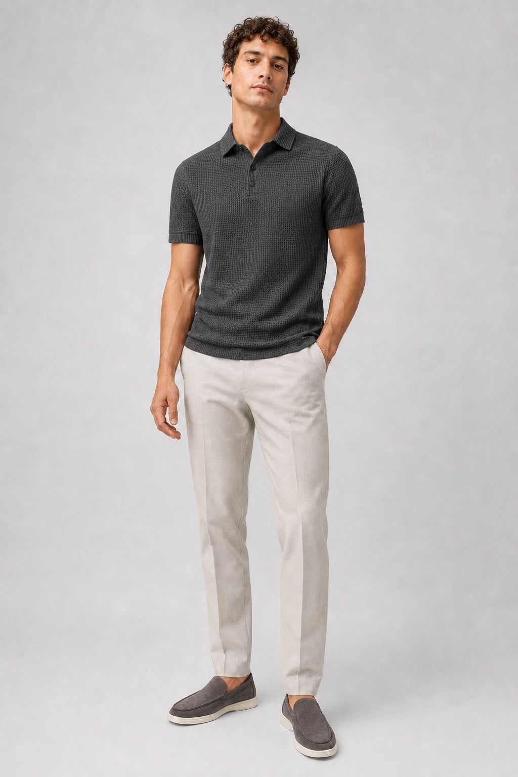 Men’s Textured Knit Polo Shirt Short Sleeve Button Placket Lightweight Summer Top for Business Casual and Smart Casual Wear