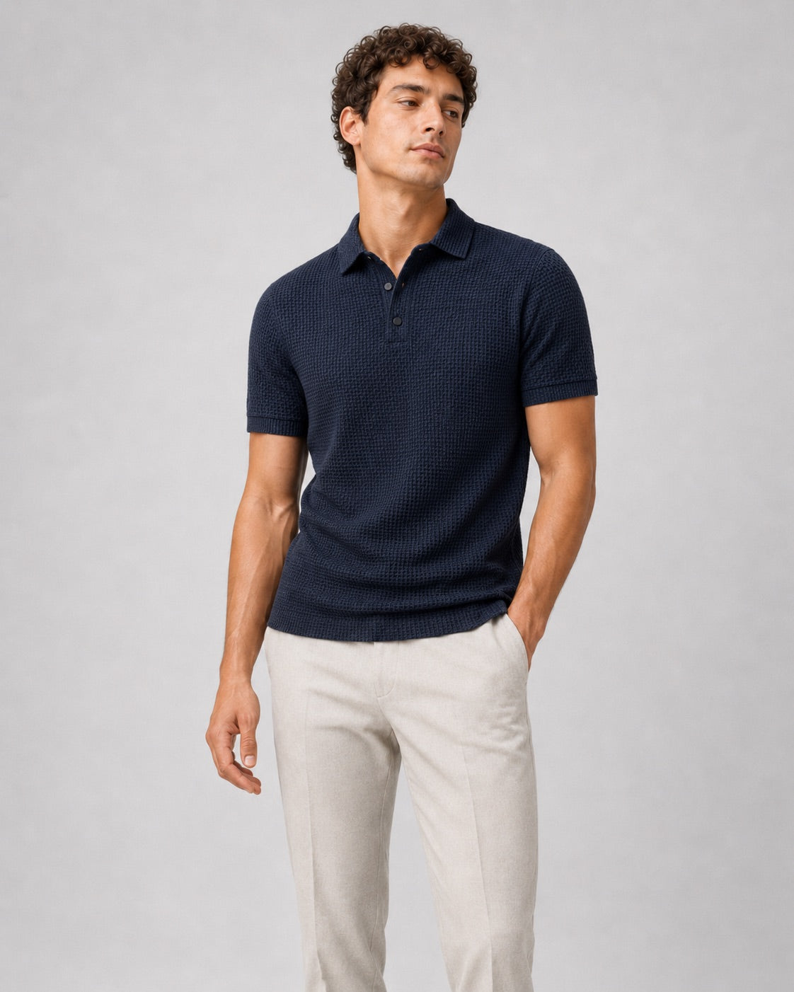 Men’s Textured Knit Polo Shirt Short Sleeve Button Placket Lightweight Summer Top for Business Casual and Smart Casual Wear