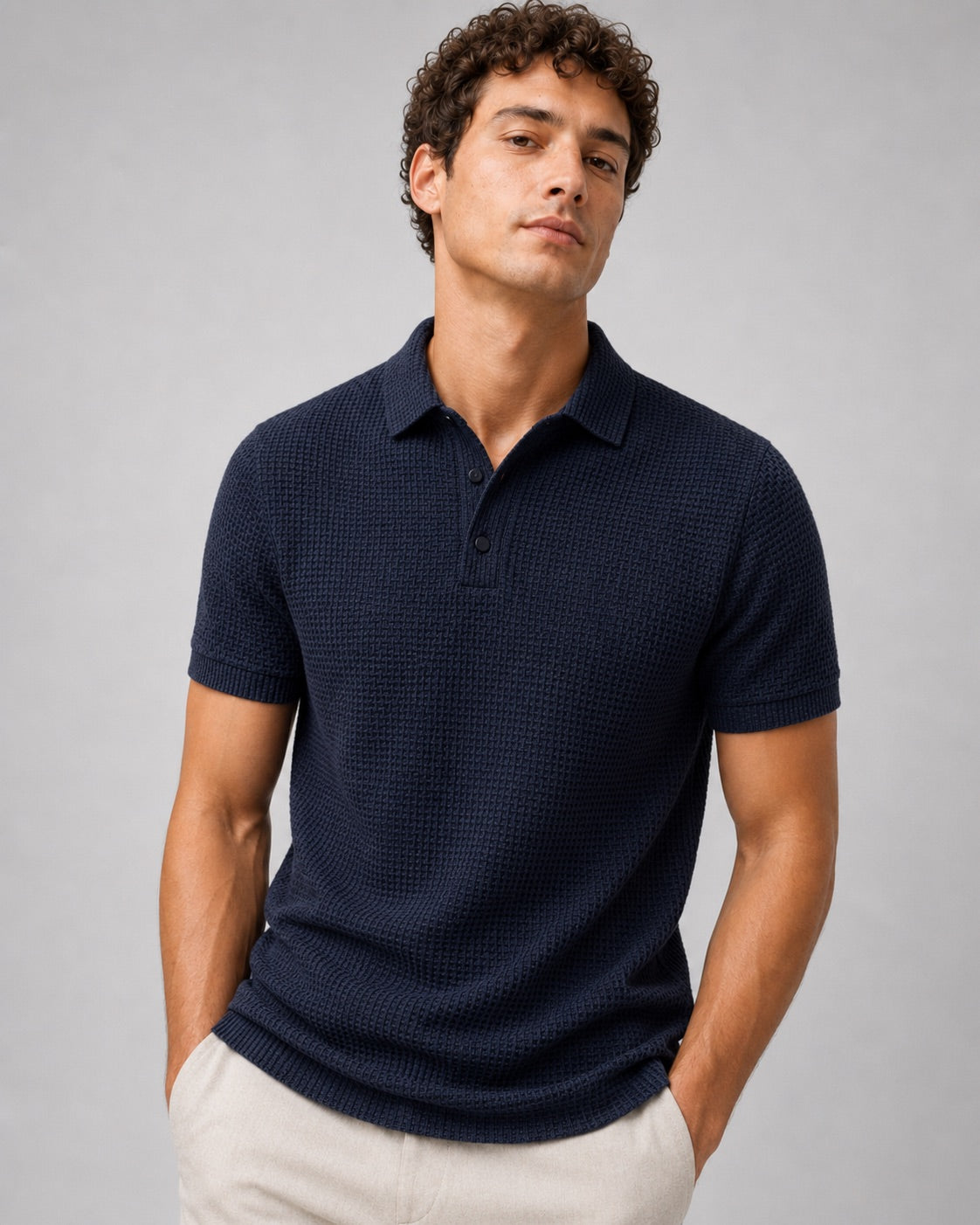 Men’s Textured Knit Polo Shirt Short Sleeve Button Placket Lightweight Summer Top for Business Casual and Smart Casual Wear