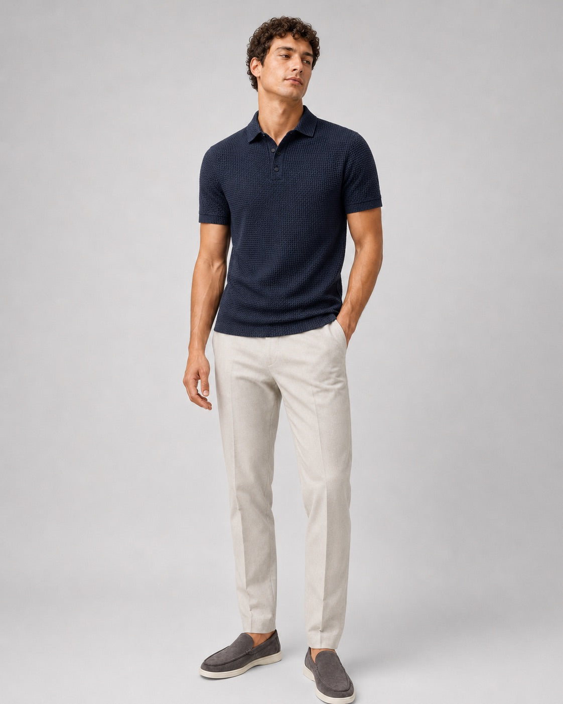 Men’s Textured Knit Polo Shirt Short Sleeve Button Placket Lightweight Summer Top for Business Casual and Smart Casual Wear