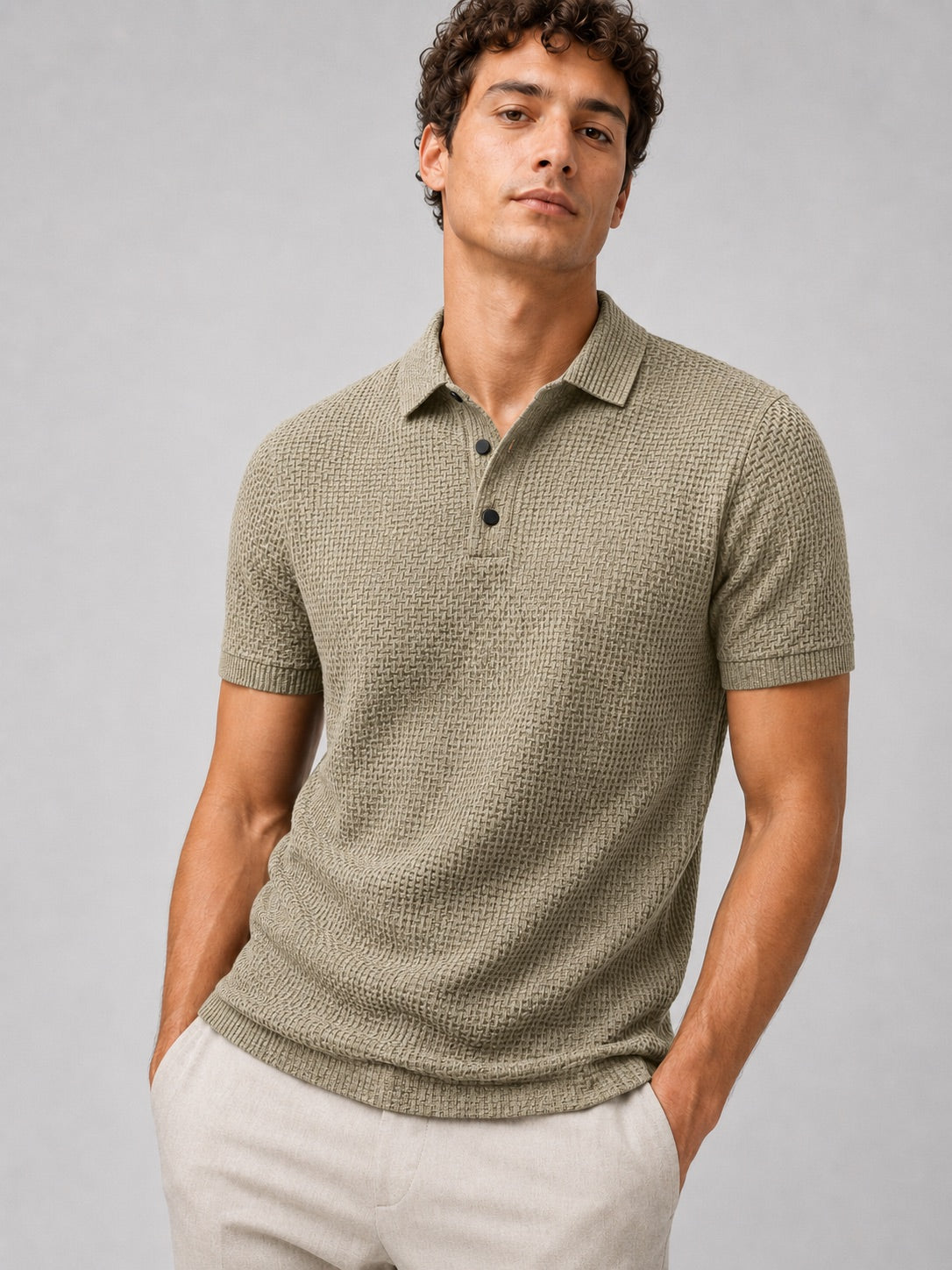 Men’s Textured Knit Polo Shirt Short Sleeve Button Placket Lightweight Summer Top for Business Casual and Smart Casual Wear