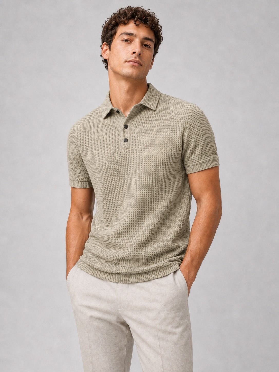 Men’s Textured Knit Polo Shirt Short Sleeve Button Placket Lightweight Summer Top for Business Casual and Smart Casual Wear