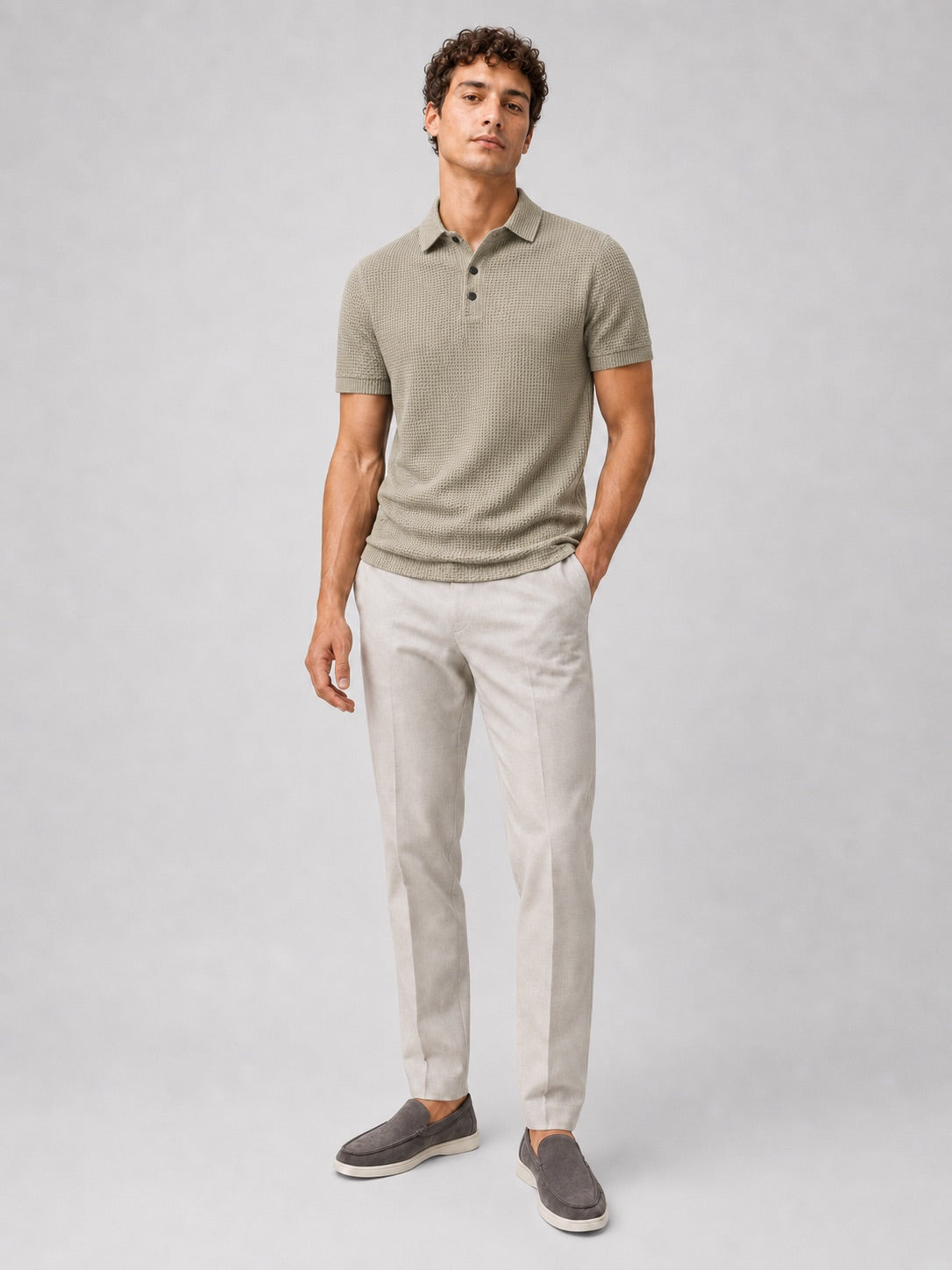Men’s Textured Knit Polo Shirt Short Sleeve Button Placket Lightweight Summer Top for Business Casual and Smart Casual Wear
