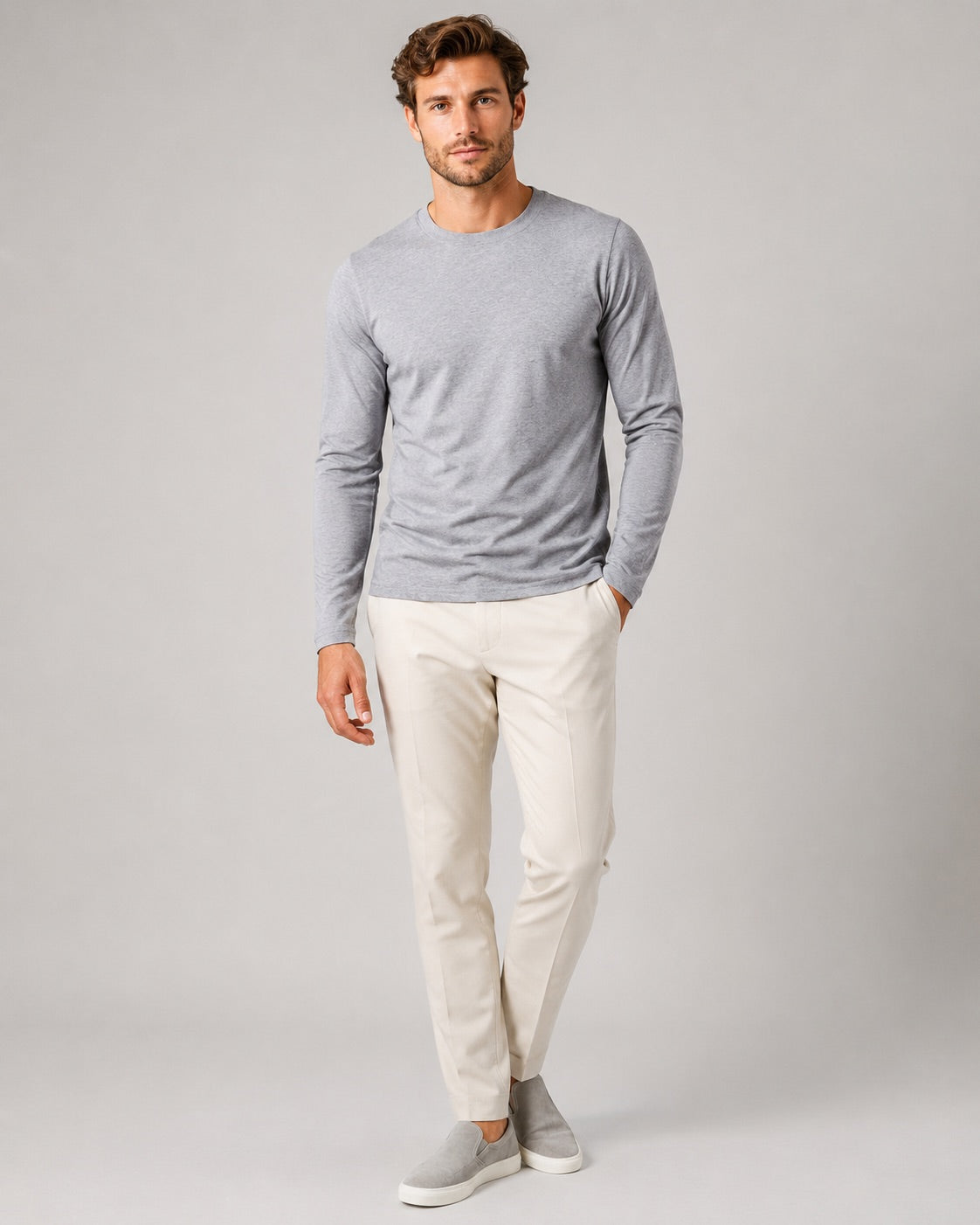 Men’s Fitted Long Sleeve T-Shirt Solid Colour Spring Casual Crew Neck Basic Top