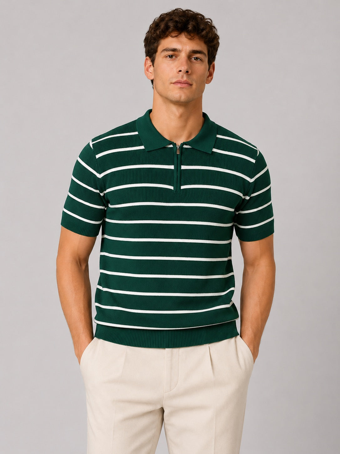 Men’s Striped Quarter Zip Knit Polo Shirt Short Sleeve Lightweight Summer Top for Business Casual and Smart Casual Wear