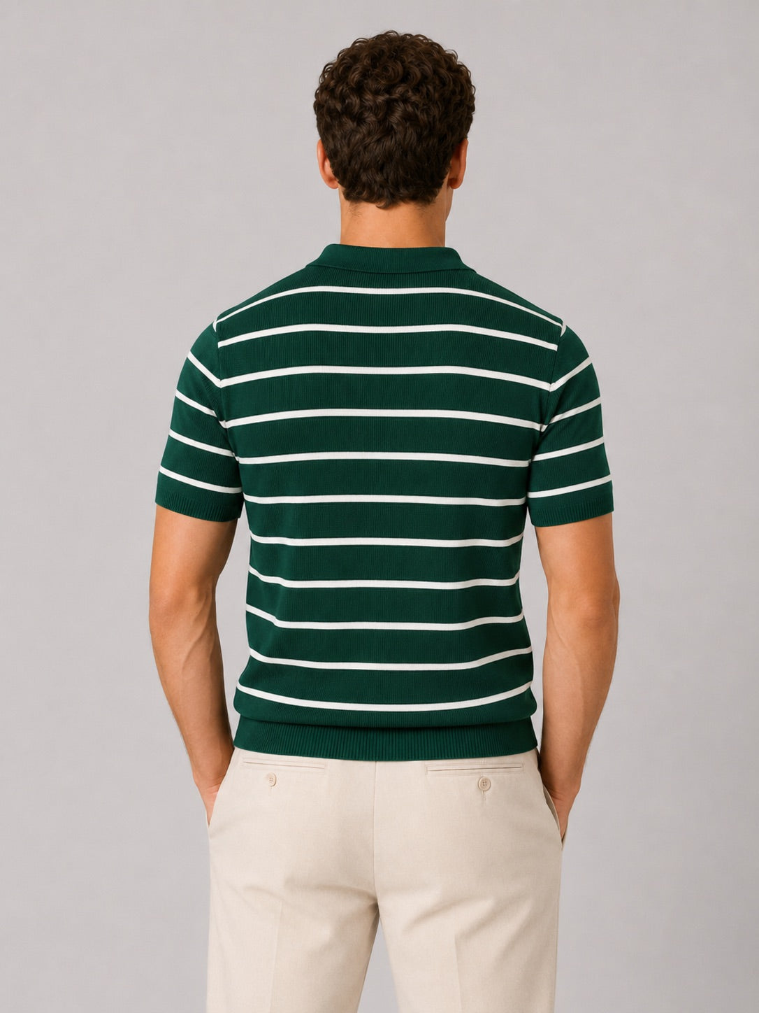 Men’s Striped Quarter Zip Knit Polo Shirt Short Sleeve Lightweight Summer Top for Business Casual and Smart Casual Wear