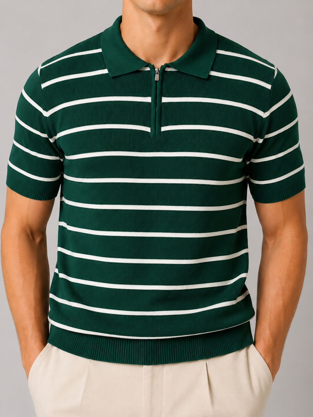 Men’s Striped Quarter Zip Knit Polo Shirt Short Sleeve Lightweight Summer Top for Business Casual and Smart Casual Wear