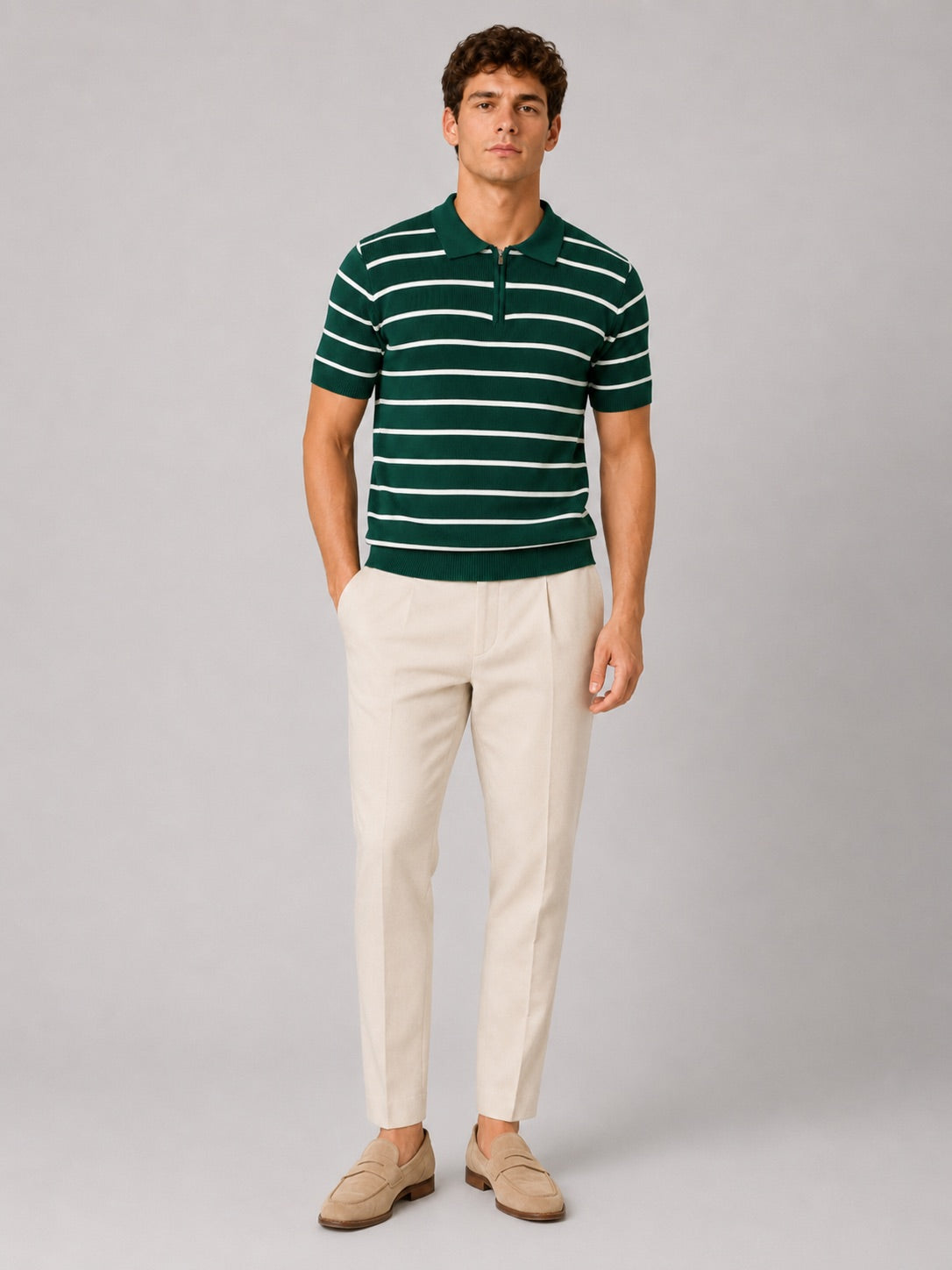 Men’s Striped Quarter Zip Knit Polo Shirt Short Sleeve Lightweight Summer Top for Business Casual and Smart Casual Wear