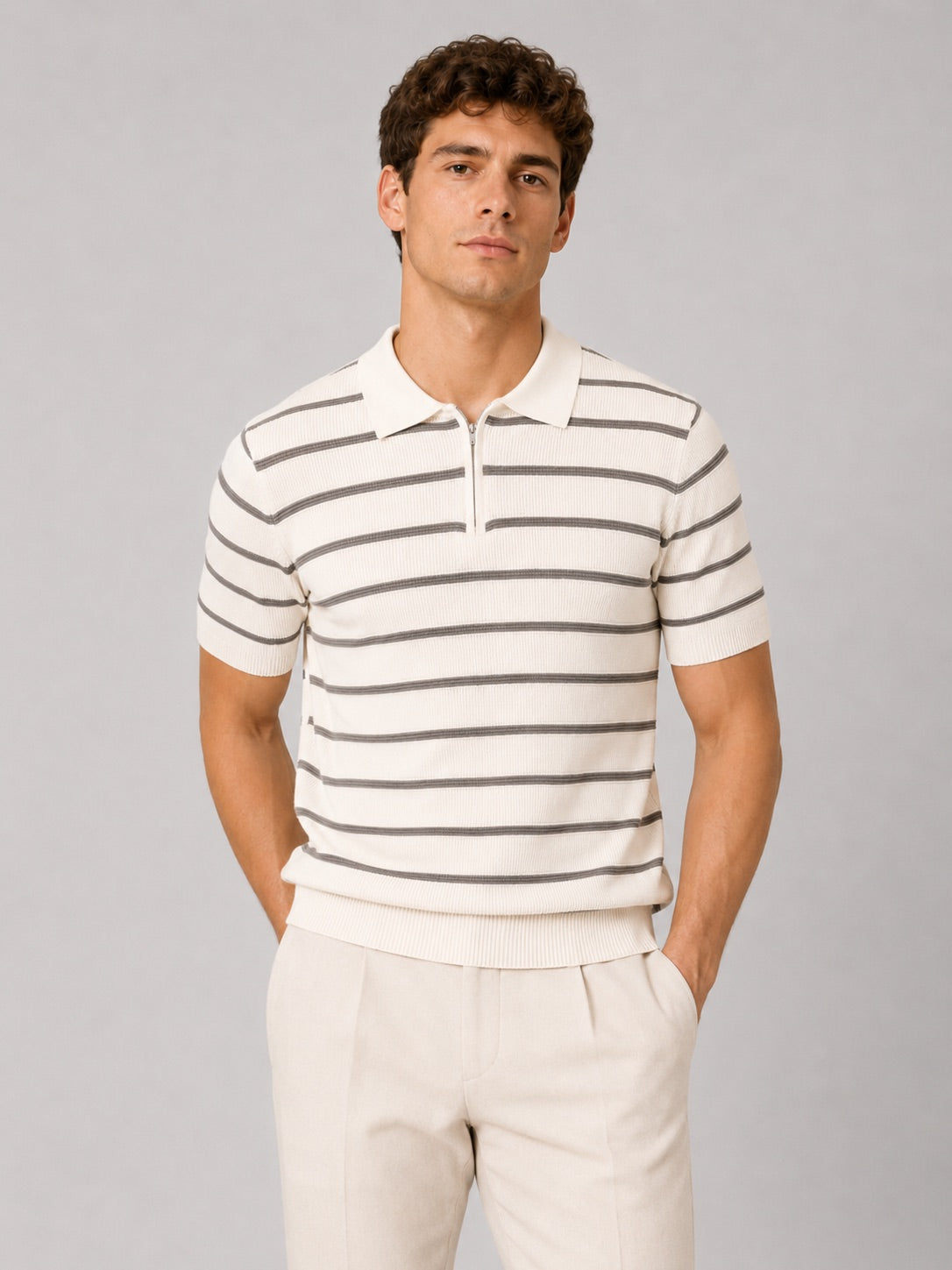 Men’s Striped Quarter Zip Knit Polo Shirt Short Sleeve Lightweight Summer Top for Business Casual and Smart Casual Wear