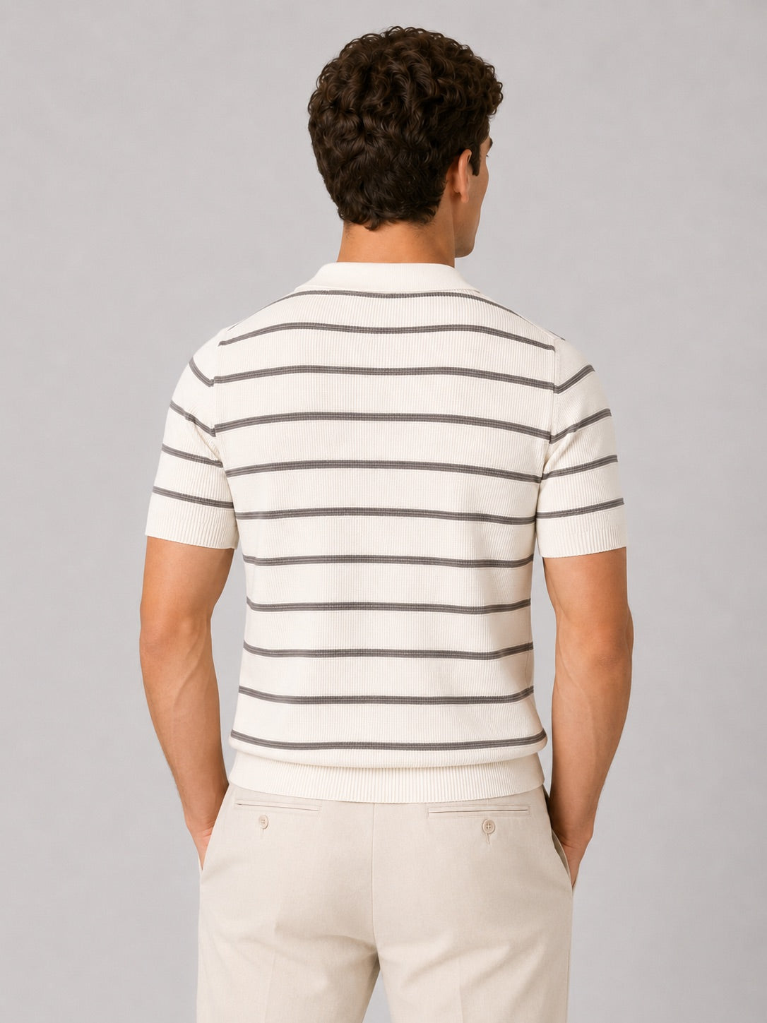 Men’s Striped Quarter Zip Knit Polo Shirt Short Sleeve Lightweight Summer Top for Business Casual and Smart Casual Wear