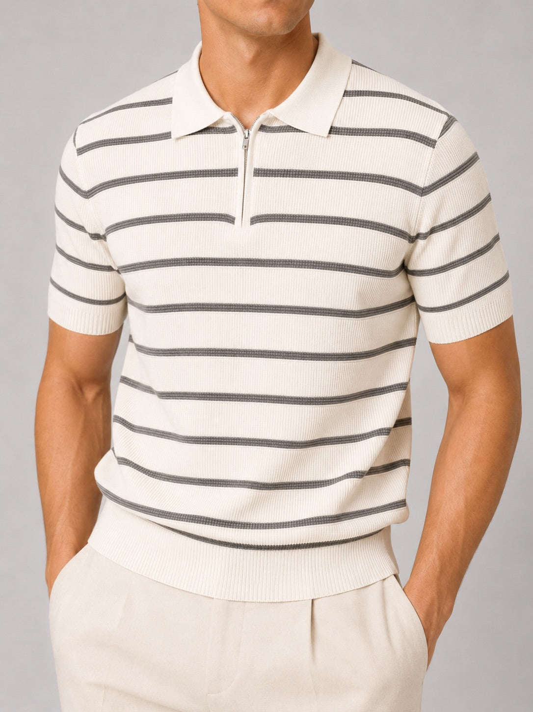 Men’s Striped Quarter Zip Knit Polo Shirt Short Sleeve Lightweight Summer Top for Business Casual and Smart Casual Wear