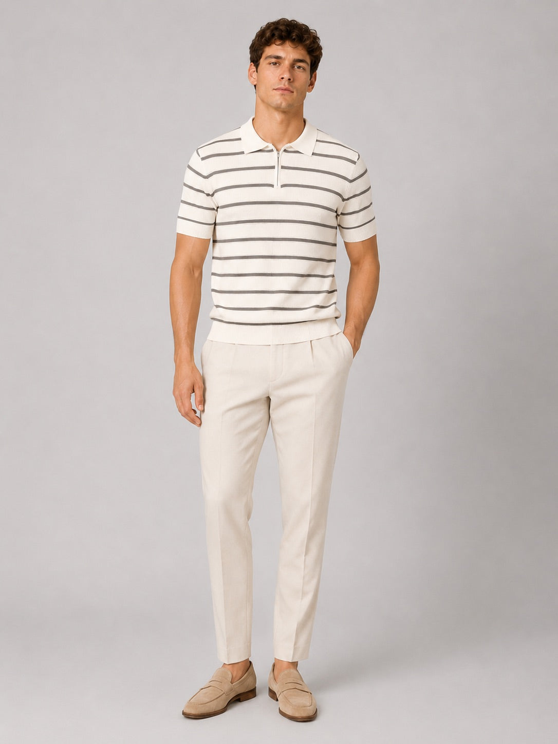 Men’s Striped Quarter Zip Knit Polo Shirt Short Sleeve Lightweight Summer Top for Business Casual and Smart Casual Wear