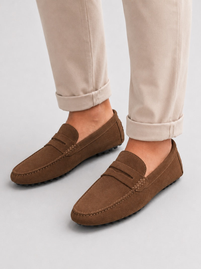 Men’s Suede Penny Loafers Genuine Leather Handmade Slip-On Driving Shoes Lightweight Casual Moc Toe Moccasins for Smart Casual Wear