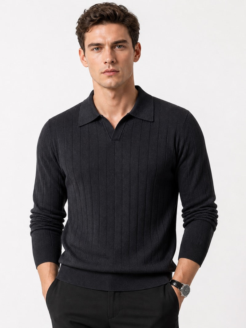 Men’s Long Sleeve Jacquard Knit Polo Shirt Solid Colour Classic Spring Top for Business Casual Wear and Summer Vacation