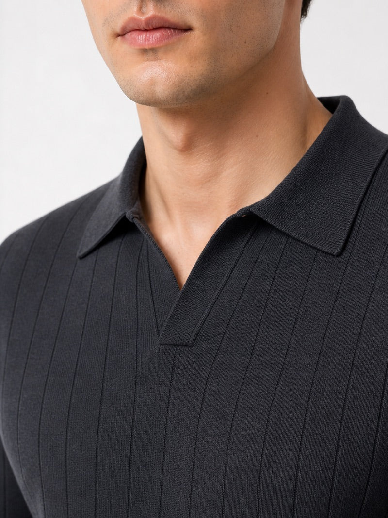 Men’s Long Sleeve Jacquard Knit Polo Shirt Solid Colour Classic Spring Top for Business Casual Wear and Summer Vacation