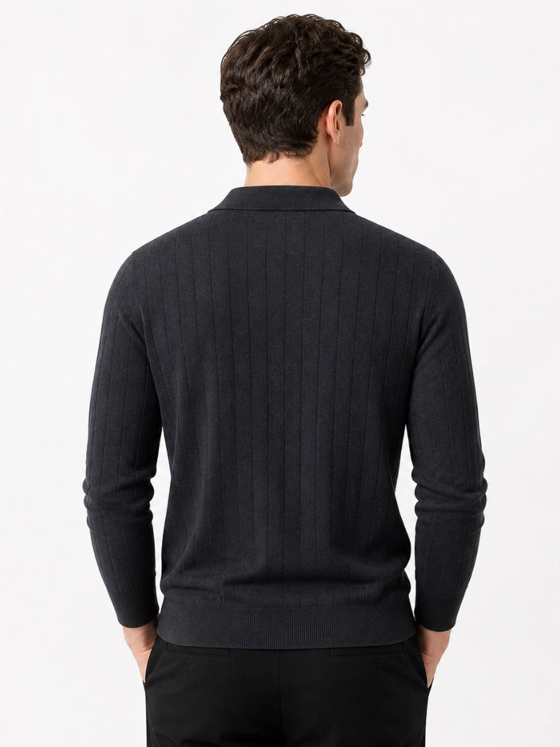 Men’s Long Sleeve Jacquard Knit Polo Shirt Solid Colour Classic Spring Top for Business Casual Wear and Summer Vacation