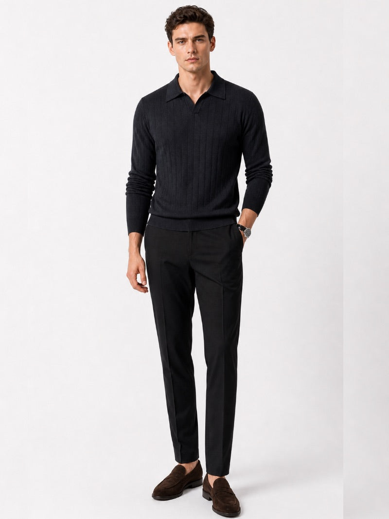 Men’s Long Sleeve Jacquard Knit Polo Shirt Solid Colour Classic Spring Top for Business Casual Wear and Summer Vacation