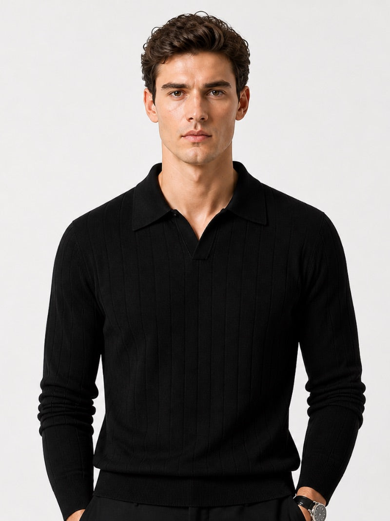 Men’s Long Sleeve Jacquard Knit Polo Shirt Solid Colour Classic Spring Top for Business Casual Wear and Summer Vacation