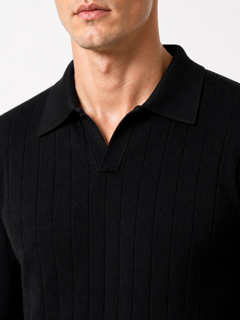 Men’s Long Sleeve Jacquard Knit Polo Shirt Solid Colour Classic Spring Top for Business Casual Wear and Summer Vacation