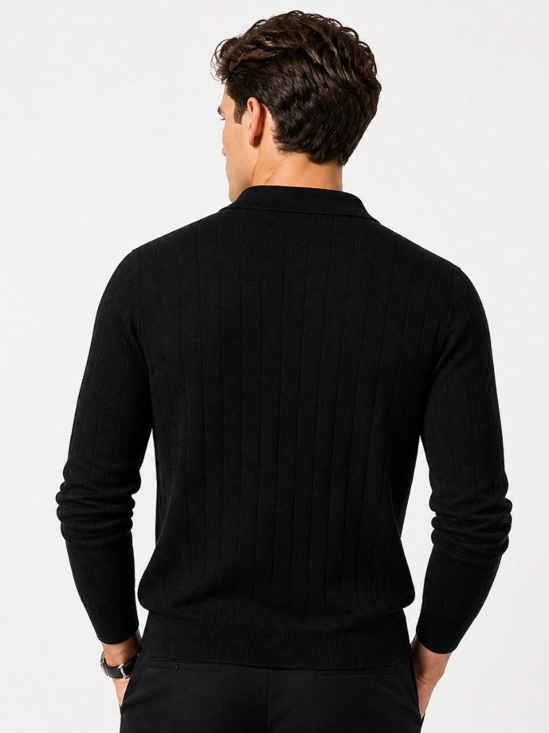 Men’s Long Sleeve Jacquard Knit Polo Shirt Solid Colour Classic Spring Top for Business Casual Wear and Summer Vacation
