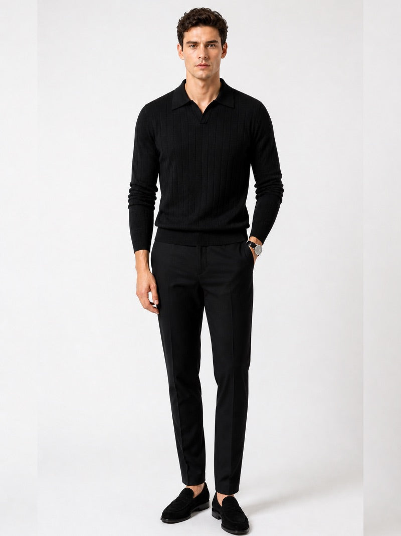 Men’s Long Sleeve Jacquard Knit Polo Shirt Solid Colour Classic Spring Top for Business Casual Wear and Summer Vacation