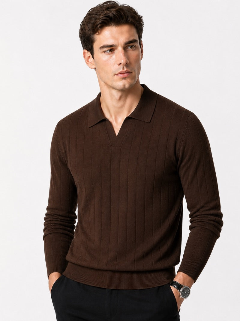 Men’s Long Sleeve Jacquard Knit Polo Shirt Solid Colour Classic Spring Top for Business Casual Wear and Summer Vacation