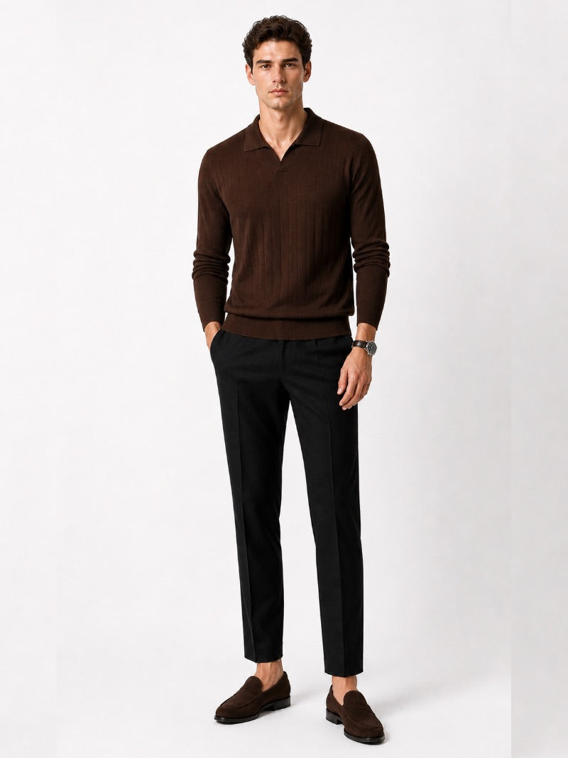 Men’s Long Sleeve Jacquard Knit Polo Shirt Solid Colour Classic Spring Top for Business Casual Wear and Summer Vacation