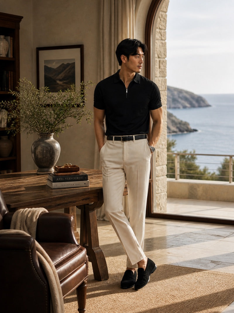 Men’s Quarter Zip Polo Shirt Short Sleeve Solid Colour Lightweight Summer Vacation Top Business Casual and Quiet Luxury Style