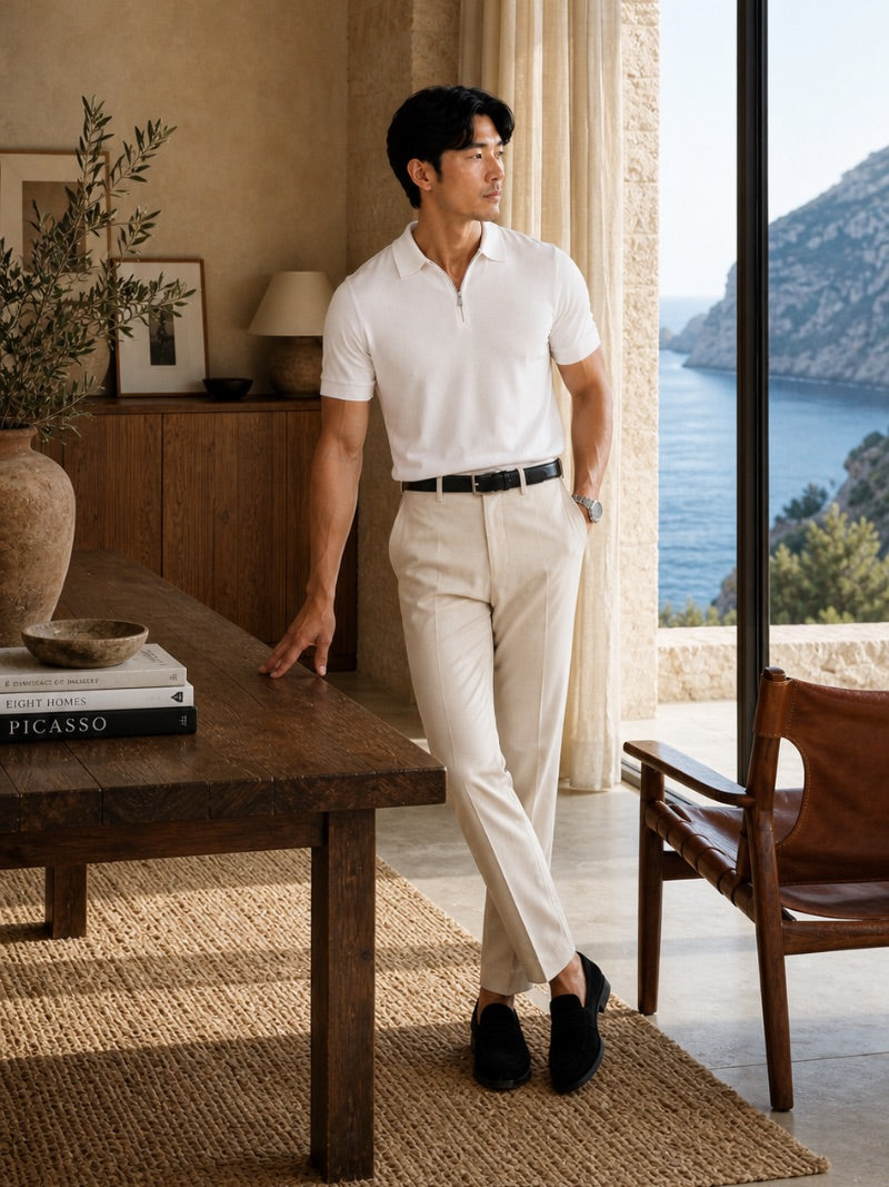 Men’s Quarter Zip Polo Shirt Short Sleeve Solid Colour Lightweight Summer Vacation Top Business Casual and Quiet Luxury Style