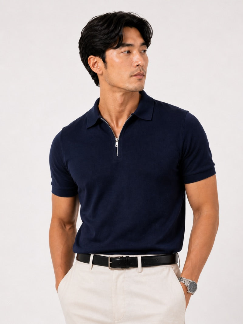 Men’s Quarter Zip Polo Shirt Short Sleeve Solid Colour Lightweight Summer Vacation Top Business Casual and Quiet Luxury Style