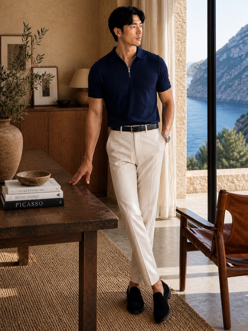 Men’s Quarter Zip Polo Shirt Short Sleeve Solid Colour Lightweight Summer Vacation Top Business Casual and Quiet Luxury Style