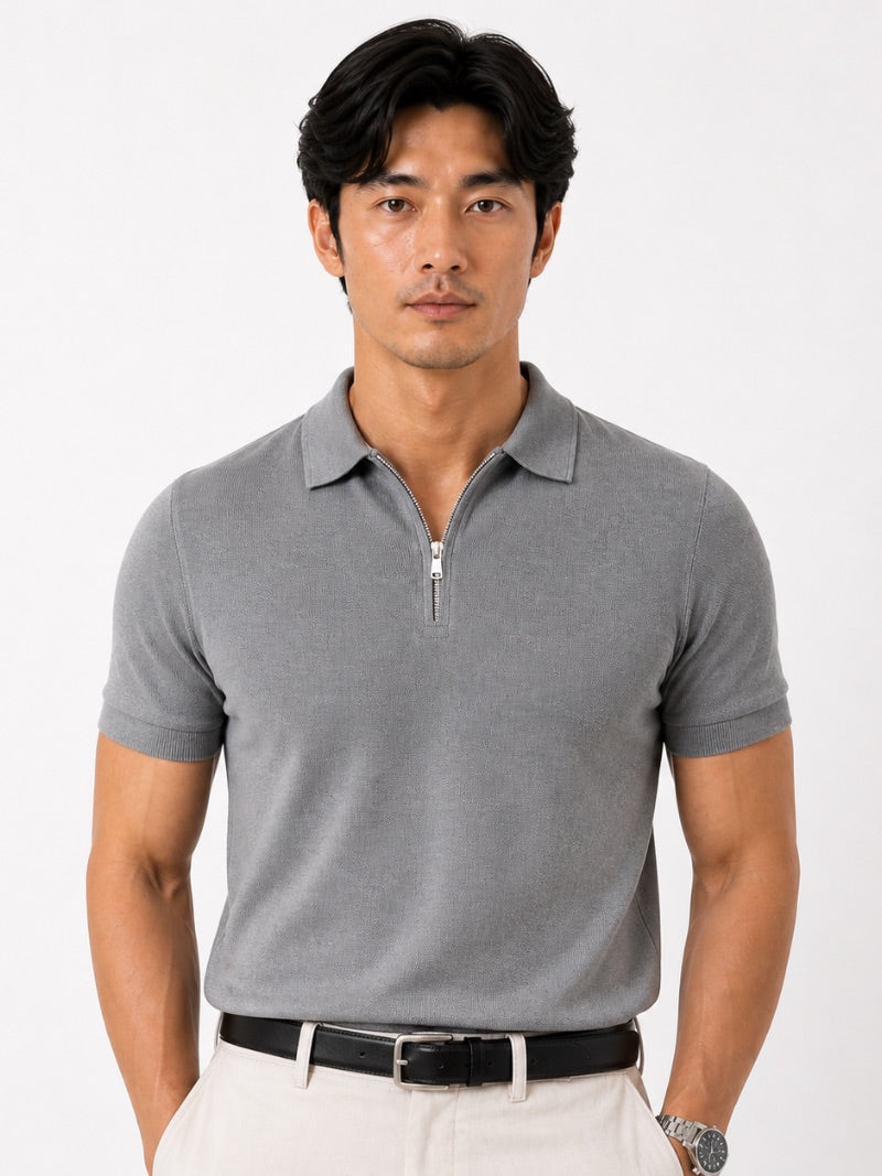 Men’s Quarter Zip Polo Shirt Short Sleeve Solid Colour Lightweight Summer Vacation Top Business Casual and Quiet Luxury Style