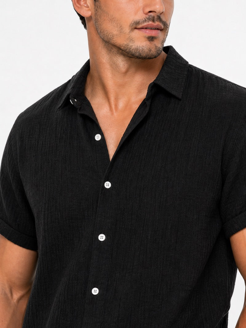 Men’s Cotton Linen Seersucker Shirt Short Sleeve Lightweight Breathable Summer Shirt for Vacation and Casual Wear