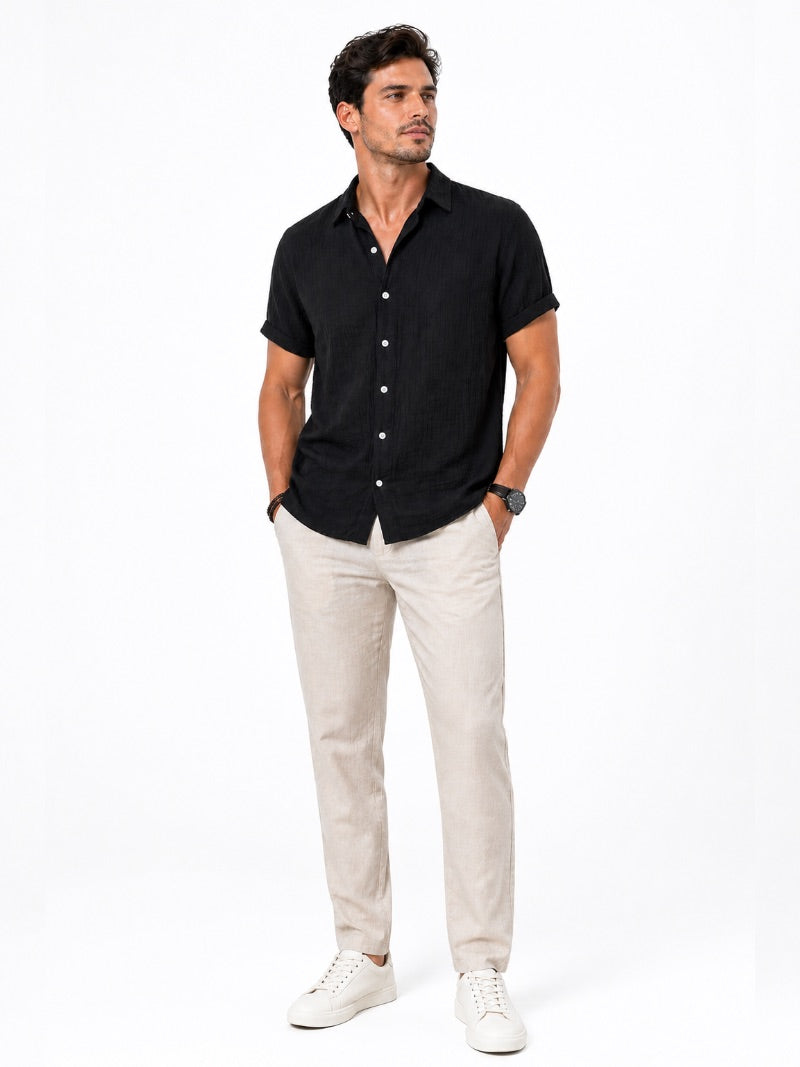 Men’s Cotton Linen Seersucker Shirt Short Sleeve Lightweight Breathable Summer Shirt for Vacation and Casual Wear