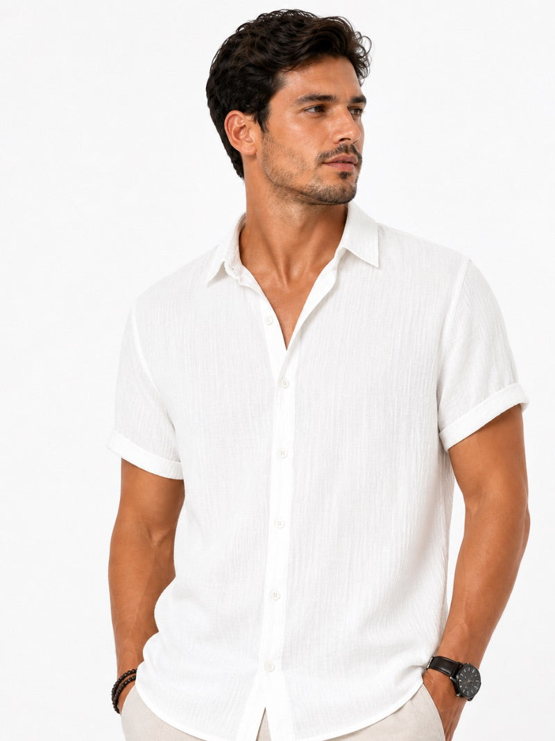 Men’s Cotton Linen Seersucker Shirt Short Sleeve Lightweight Breathable Summer Shirt for Vacation and Casual Wear
