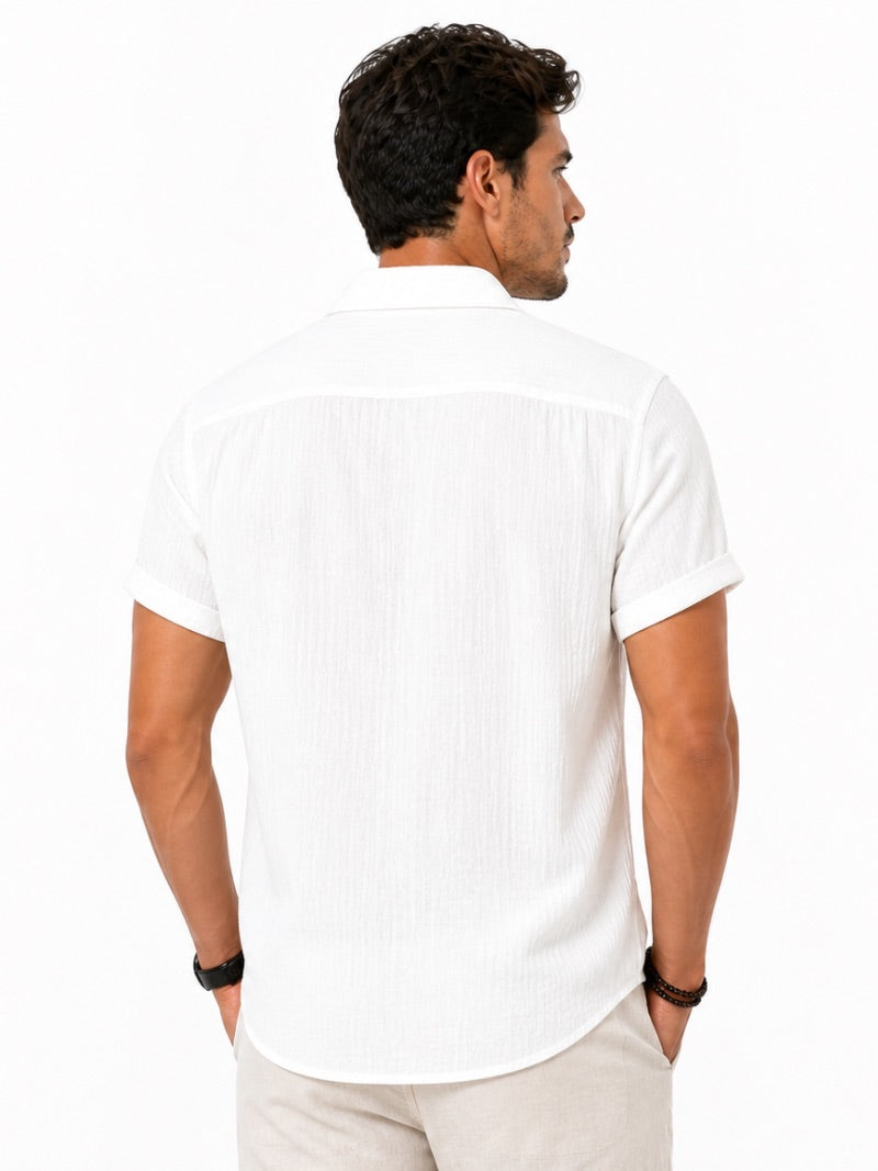 Men’s Cotton Linen Seersucker Shirt Short Sleeve Lightweight Breathable Summer Shirt for Vacation and Casual Wear