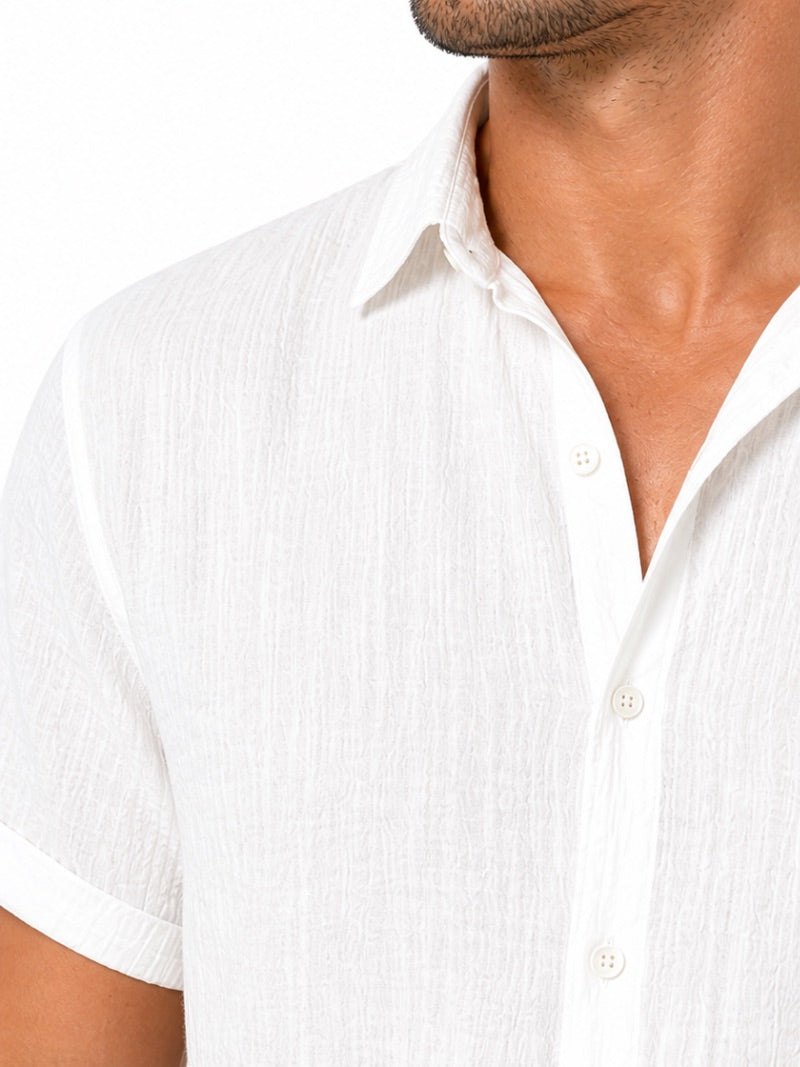 Men’s Cotton Linen Seersucker Shirt Short Sleeve Lightweight Breathable Summer Shirt for Vacation and Casual Wear