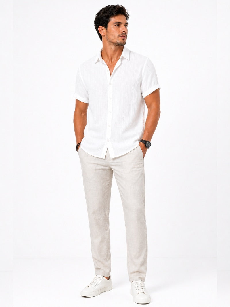 Men’s Cotton Linen Seersucker Shirt Short Sleeve Lightweight Breathable Summer Shirt for Vacation and Casual Wear