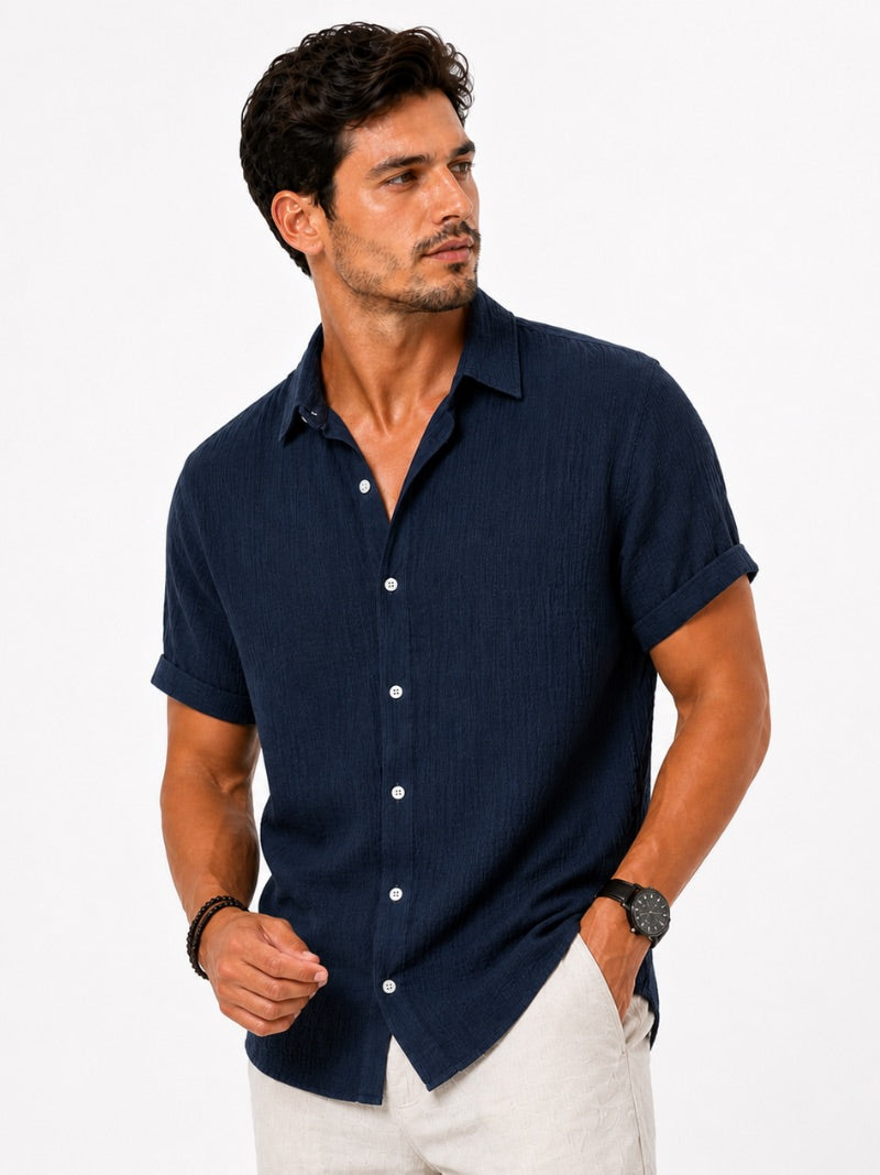 Men’s Cotton Linen Seersucker Shirt Short Sleeve Lightweight Breathable Summer Shirt for Vacation and Casual Wear