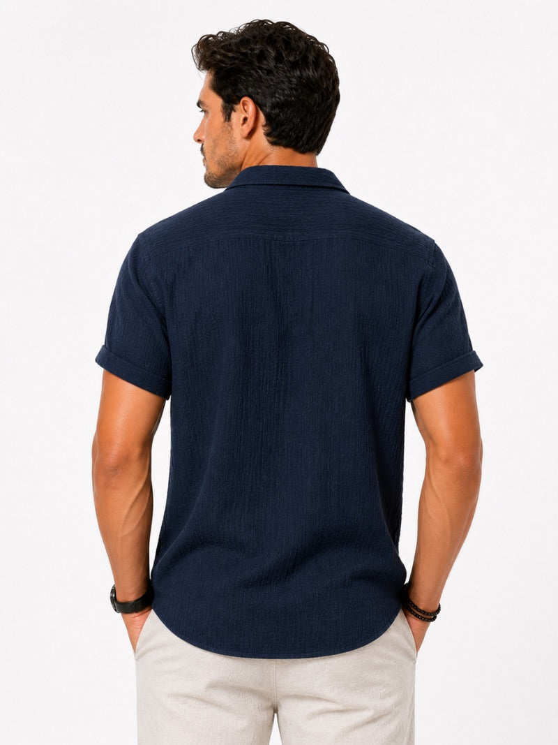 Men’s Cotton Linen Seersucker Shirt Short Sleeve Lightweight Breathable Summer Shirt for Vacation and Casual Wear