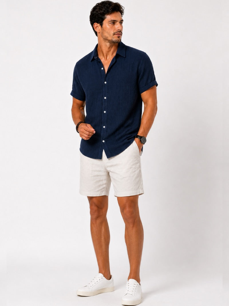 Men’s Cotton Linen Seersucker Shirt Short Sleeve Lightweight Breathable Summer Shirt for Vacation and Casual Wear