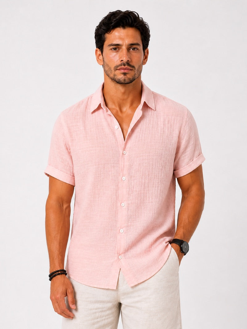 Men’s Cotton Linen Seersucker Shirt Short Sleeve Lightweight Breathable Summer Shirt for Vacation and Casual Wear