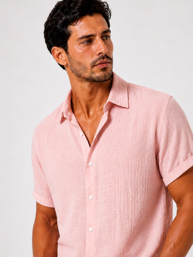 Men’s Cotton Linen Seersucker Shirt Short Sleeve Lightweight Breathable Summer Shirt for Vacation and Casual Wear