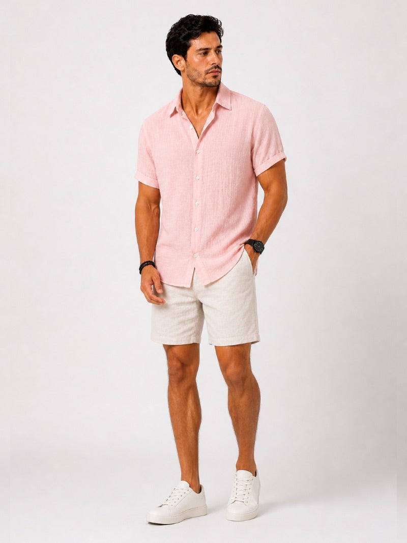 Men’s Cotton Linen Seersucker Shirt Short Sleeve Lightweight Breathable Summer Shirt for Vacation and Casual Wear