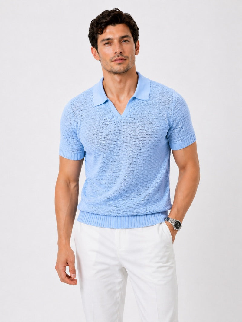 Men’s Knit Polo Shirt Lightweight Tailored Summer Top for Casual Quiet Luxury Coastal Vacation Style