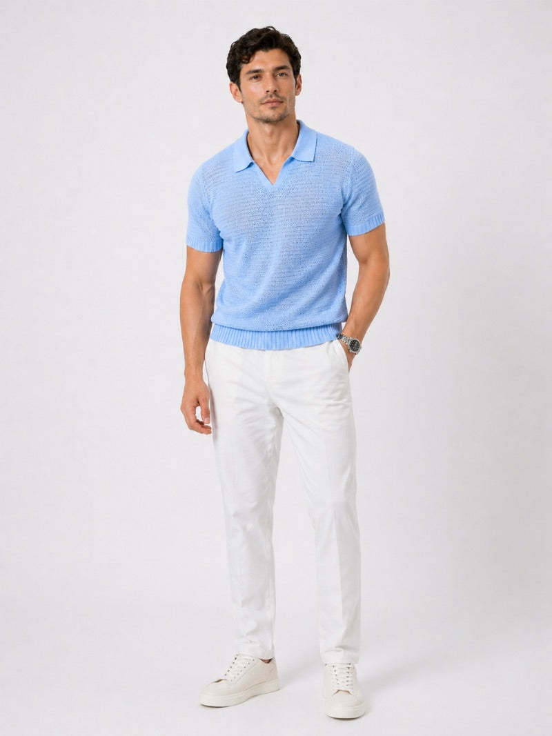 Men’s Knit Polo Shirt Lightweight Tailored Summer Top for Casual Quiet Luxury Coastal Vacation Style