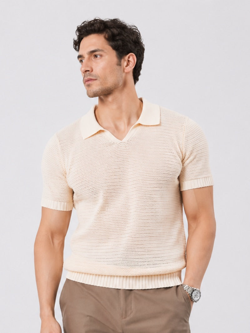 Men’s Knit Polo Shirt Lightweight Tailored Summer Top for Casual Quiet Luxury Coastal Vacation Style